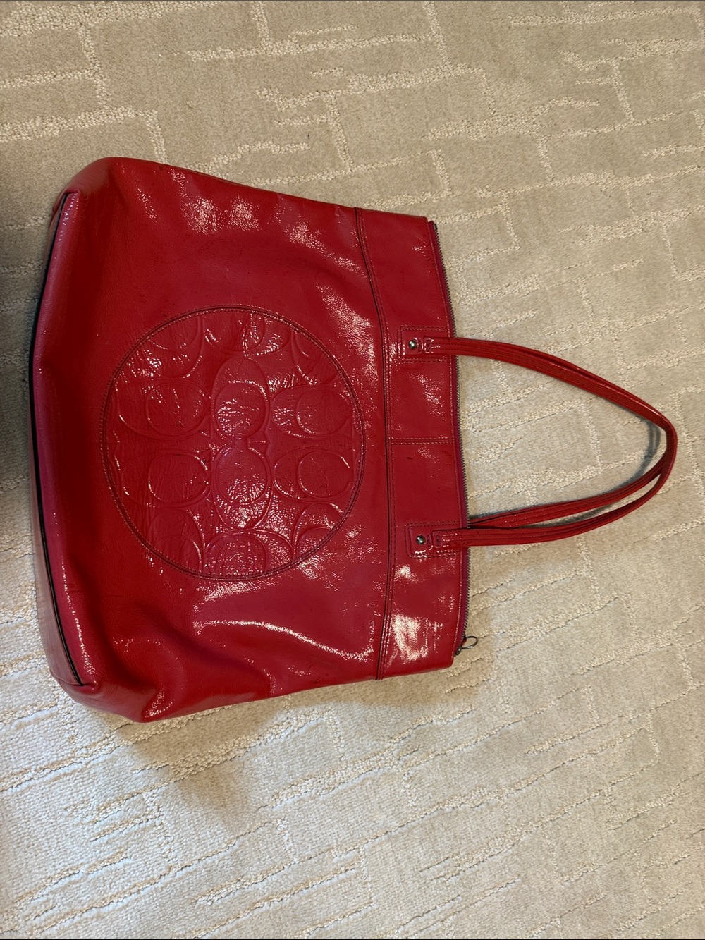 Coach Red Patent Leather Tote with Embossed Signature Circle - Picture 1 of 13